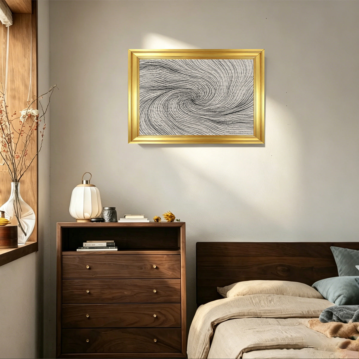 Modern Abstract Swirl Framed Wall Art Elegant Gold PS Frame Black and White Kinetic Lines Canvas for Living Room Decor