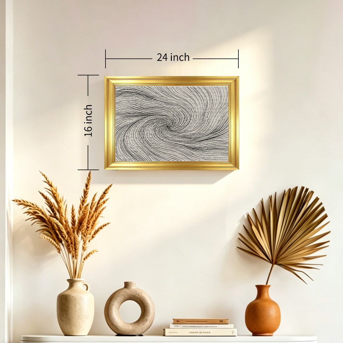 Modern Abstract Swirl Framed Wall Art Elegant Gold PS Frame Black and White Kinetic Lines Canvas for Living Room Decor