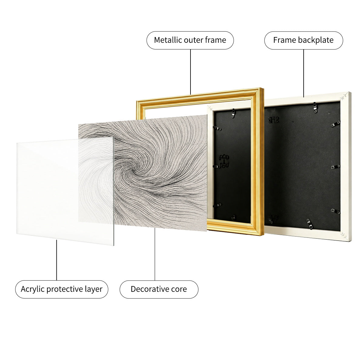 Modern Abstract Swirl Framed Wall Art Elegant Gold PS Frame Black and White Kinetic Lines Canvas for Living Room Decor