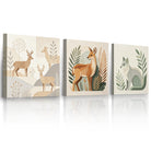 3 Piece Minimalist Forest Animal Canvas Wall Art Modern Paper-cut Style Deer & Fox Prints UV Printed Gallery Wrapped Nursery & Living Room Decor