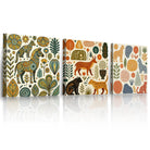 3 Piece Folk Art Woodland Animal Canvas Wall Art Set Gallery Wrapped Tribal Animal Prints UV Printed Framed Art for Nursery & Living Room