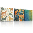 3 Piece Wildlife Folk Art Canvas Wall Art Set Modern Boho Animal Prints with Lion & Leopard UV Printed Gallery Wrapped Decor for Living Room
