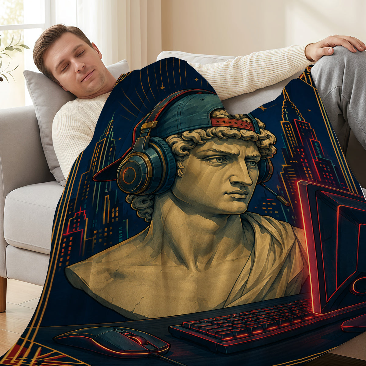 Gamer Statue Blanket - Retro Tech Art Design