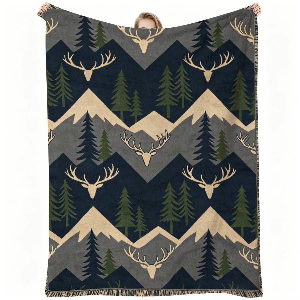 Cozy Deer & Mountain Pattern Fleece Blanket, Soft Warm Winter Cover for Home or Gift