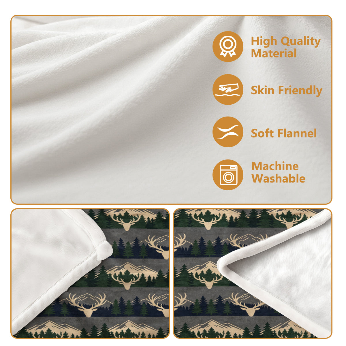Cozy Fleece Blanket with Deer & Mountain Pattern, Soft Warmth for Home or Travel