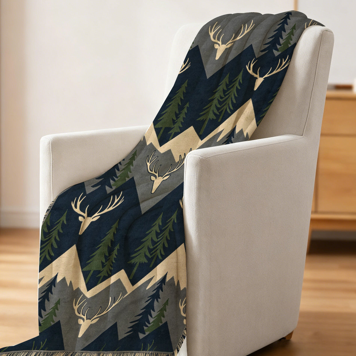 Cozy Deer & Mountain Pattern Fleece Blanket, Soft Warm Winter Cover for Home or Gift