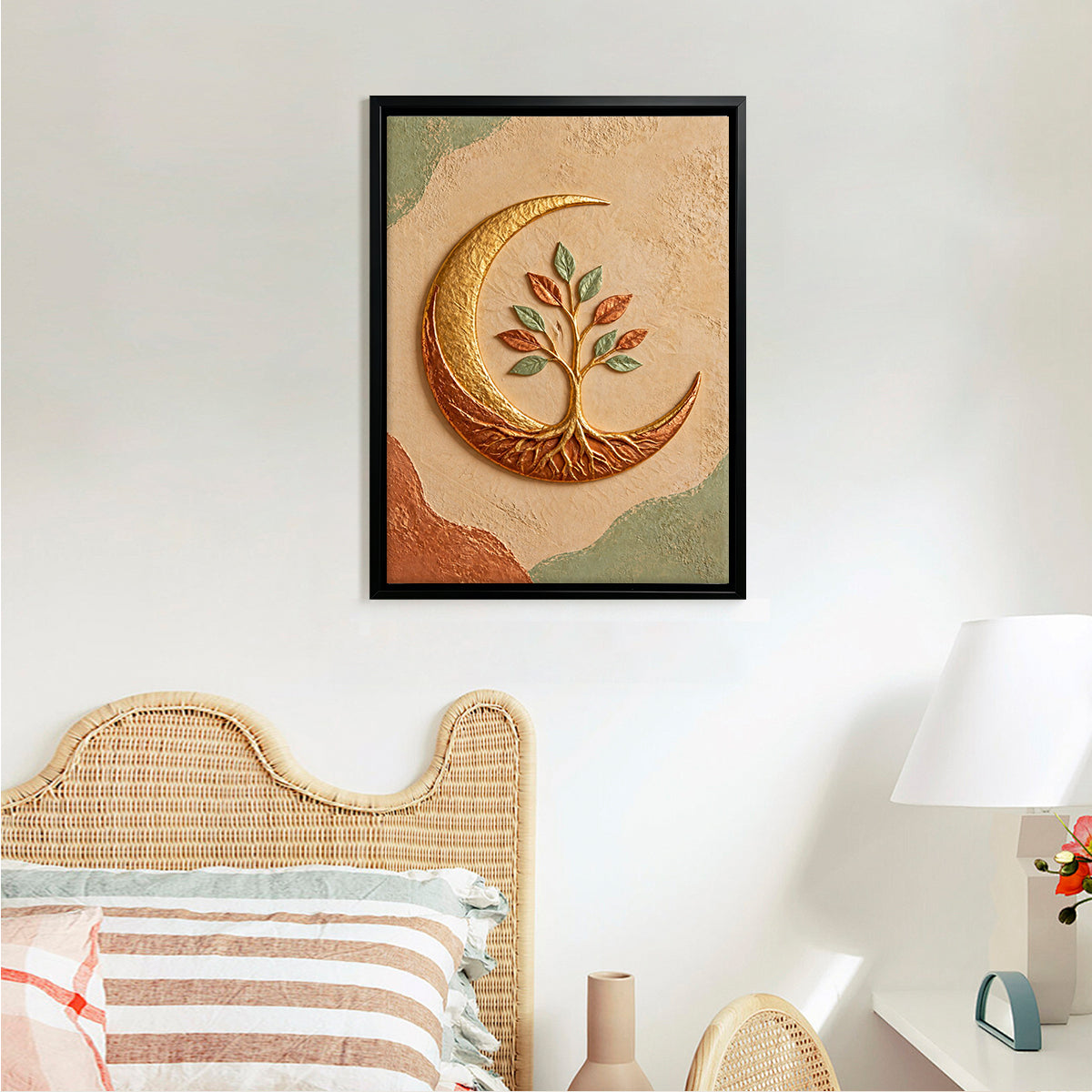 Framed Moon Tree Art Print, Abstract Nature Design, Gold Accents, Perfect Home Decor for Any Room