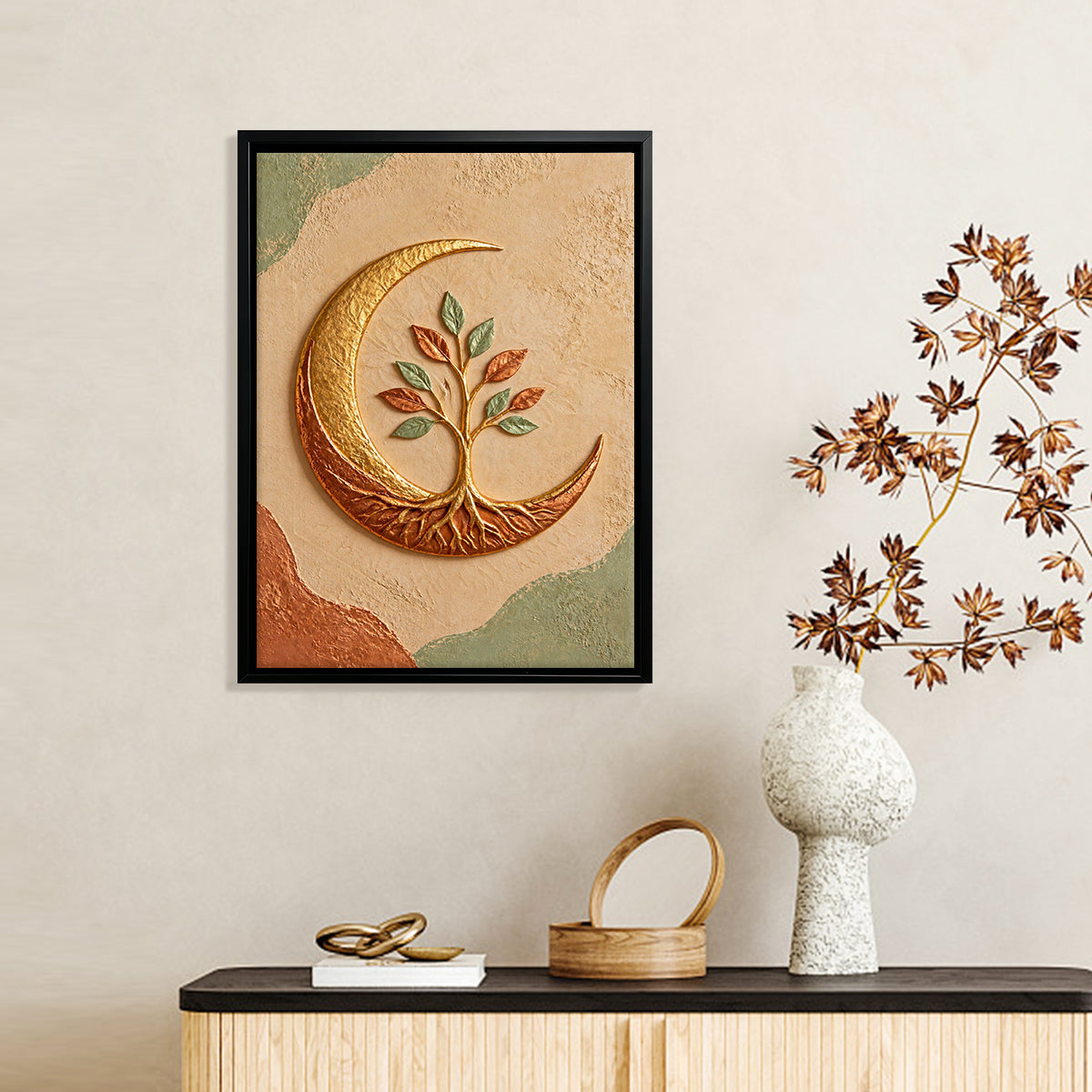 Framed Moon Tree Art Print, Abstract Nature Design, Gold Accents, Perfect Home Decor for Any Room