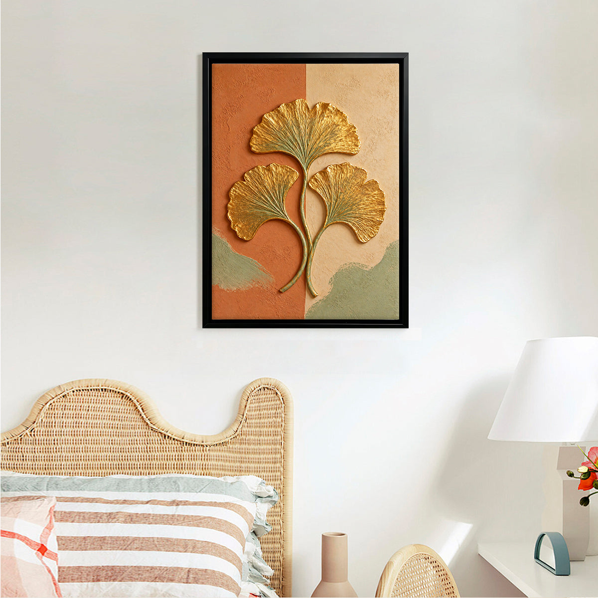 Framed Ginkgo Leaf Art Print, Modern Abstract Design, Gold Accents, Perfect for Home Decor in Any Room