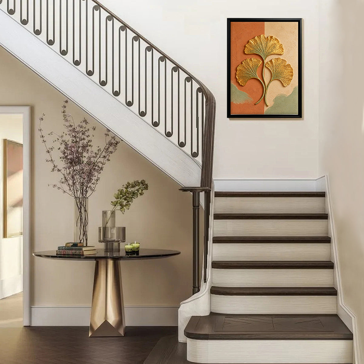 Framed Ginkgo Leaf Art Print, Modern Abstract Design, Gold Accents, Perfect for Home Decor in Any Room
