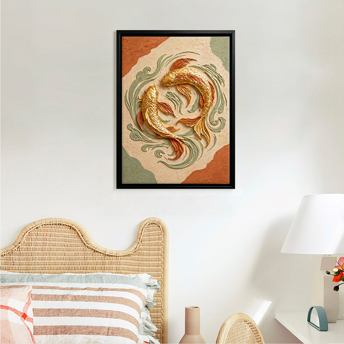 Framed Gold Fish Artwork, Oriental Style, Handcrafted Clay Design, Perfect for Home Decor in California