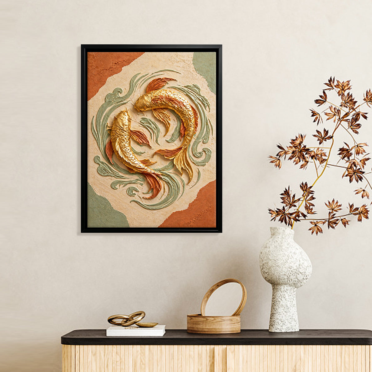 Framed Gold Fish Artwork, Oriental Style, Handcrafted Clay Design, Perfect for Home Decor in California