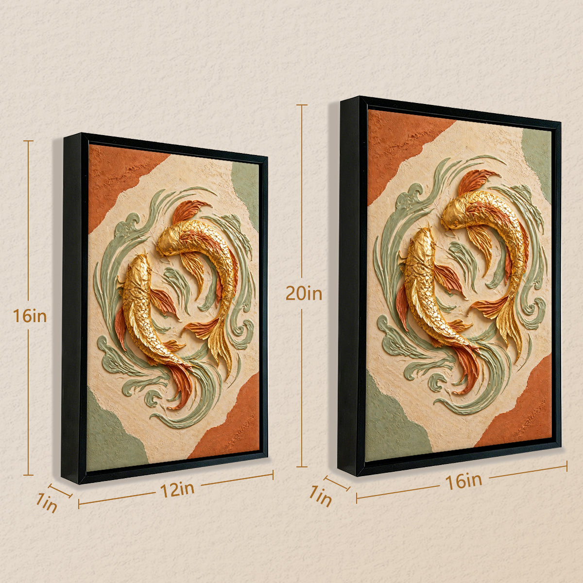 Framed Gold Fish Artwork, Oriental Style, Handcrafted Clay Design, Perfect for Home Decor in California