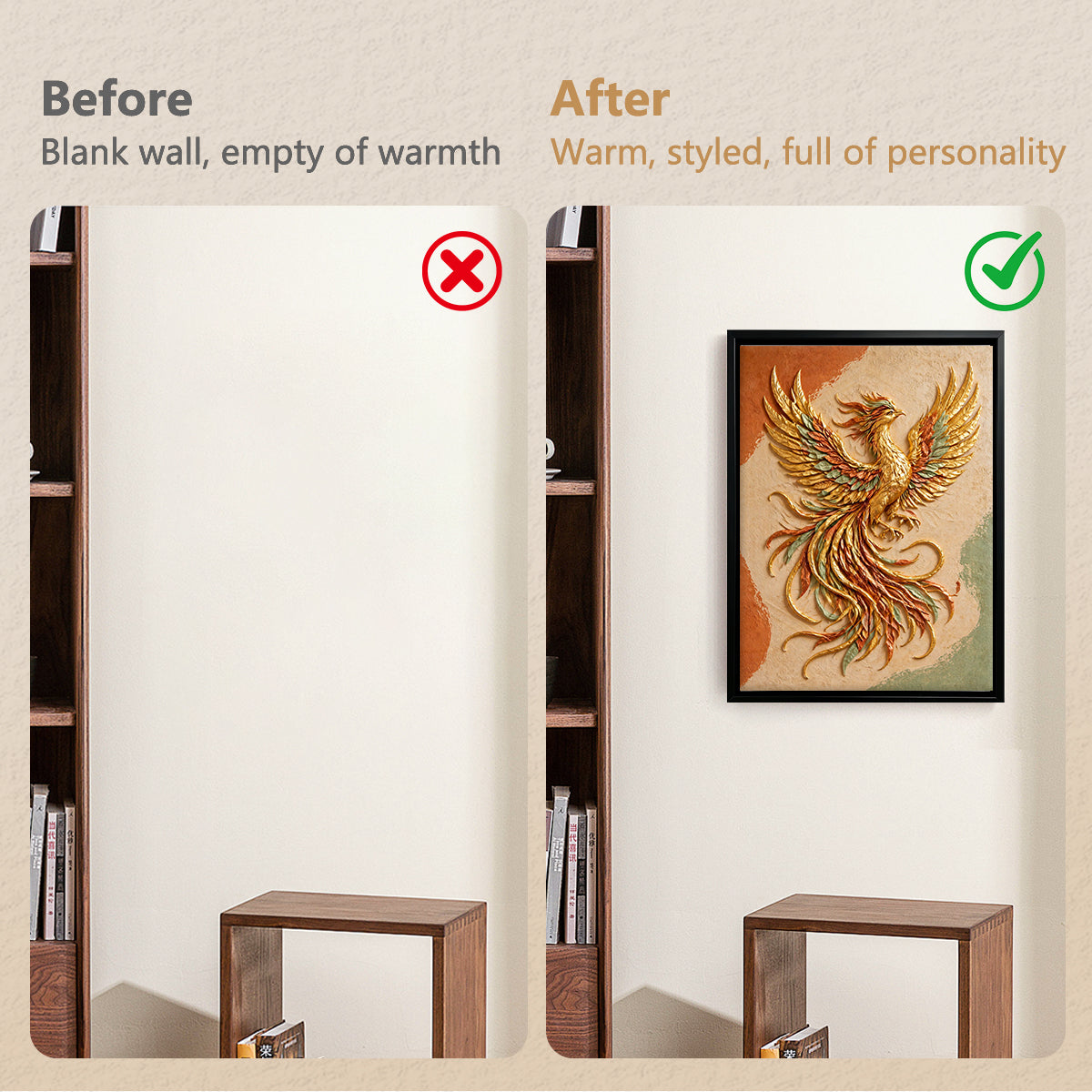 Framed Phoenix Wall Art, Vibrant Golden Bird Design, High-Quality Canvas Print, Perfect for Home Decor in New York