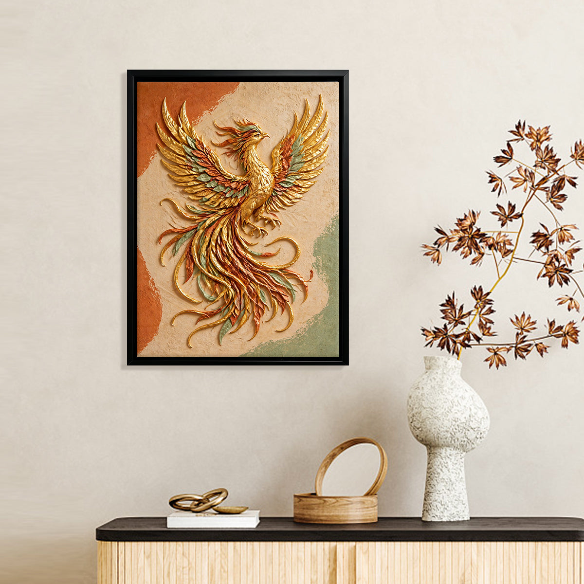 Framed Phoenix Wall Art, Vibrant Golden Bird Design, High-Quality Canvas Print, Perfect for Home Decor in New York