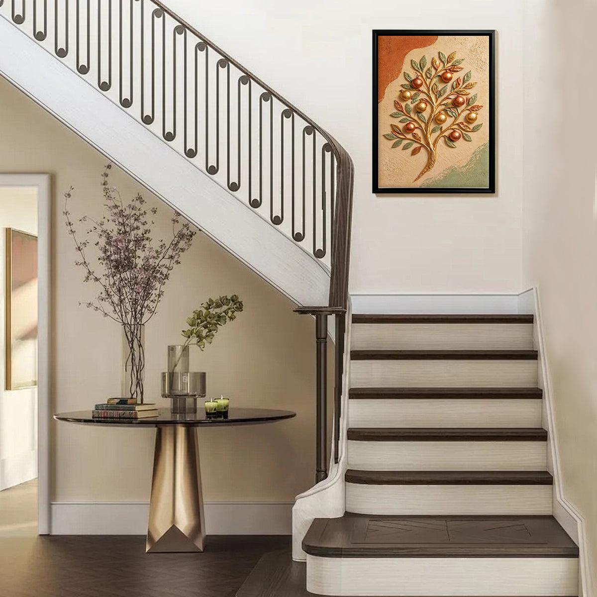 Framed Tree of Life Wall Art with Golden Fruits, Modern Home Decor for Living Room or Staircase