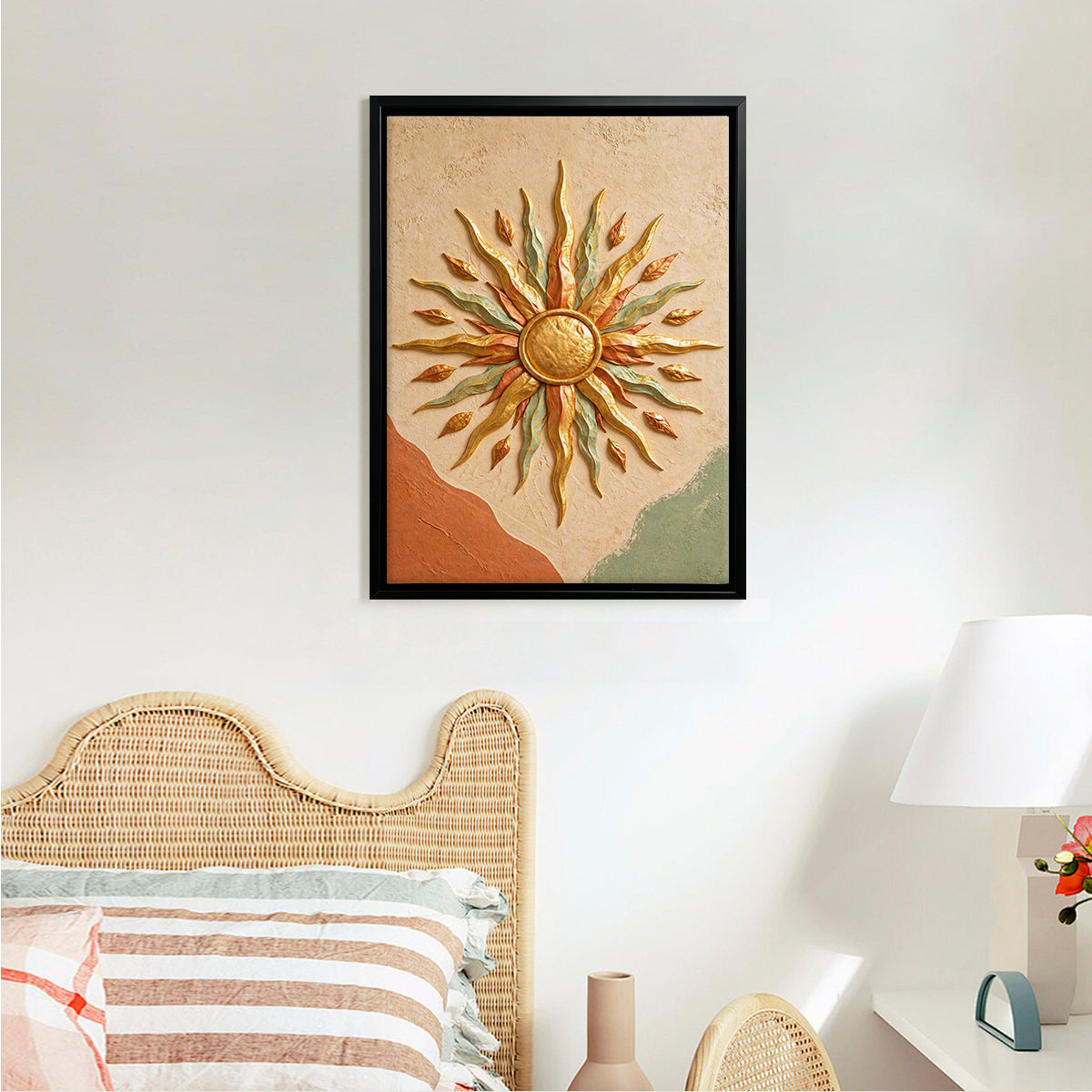 Framed Sunburst Wall Art with Leaf Motif, Modern Abstract Design, High-Quality Finish, Perfect for Home Decor in Any Room