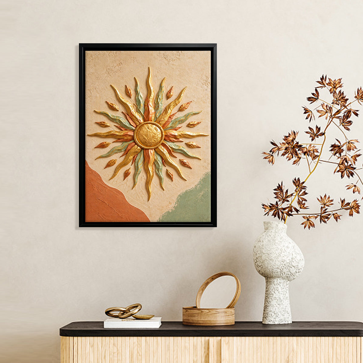Framed Sunburst Wall Art with Leaf Motif, Modern Abstract Design, High-Quality Finish, Perfect for Home Decor in Any Room