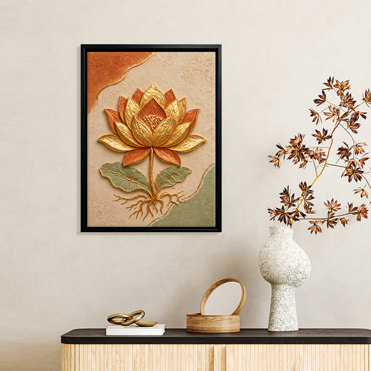Framed Lotus Flower Artwork, 3D Relief Design, Gold Leaf Accents, Perfect for Home Decor in Any Room