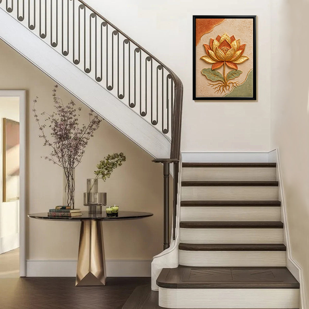 Framed Lotus Flower Artwork, 3D Relief Design, Gold Leaf Accents, Perfect for Home Decor in Any Room