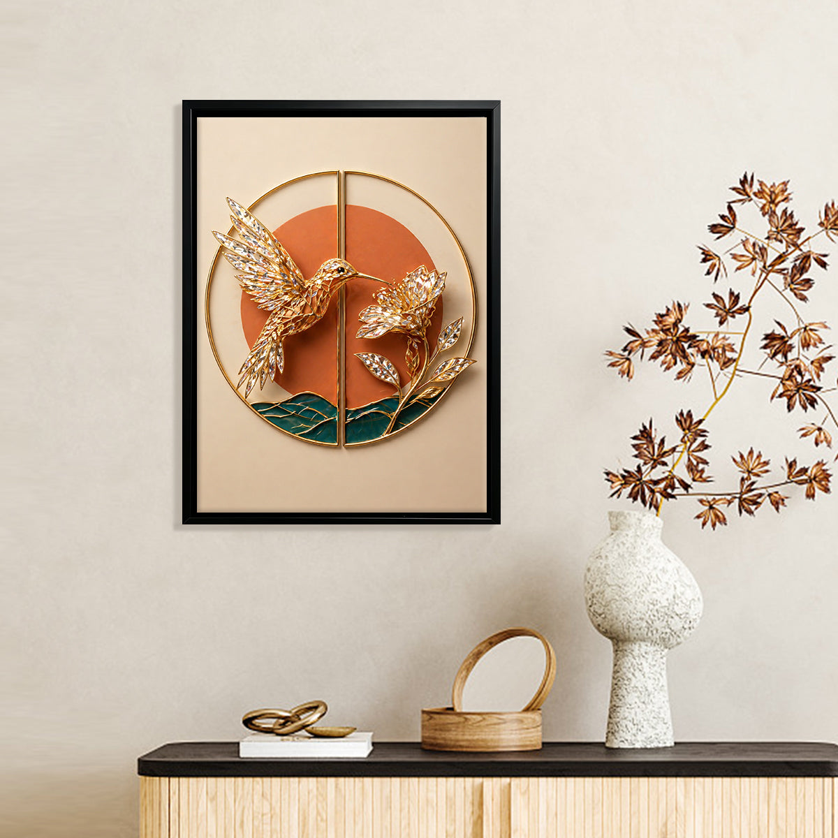 Elegant Hummingbird Wall Art with Crystal Accents, Modern Home Decor for Living Room or Hallway