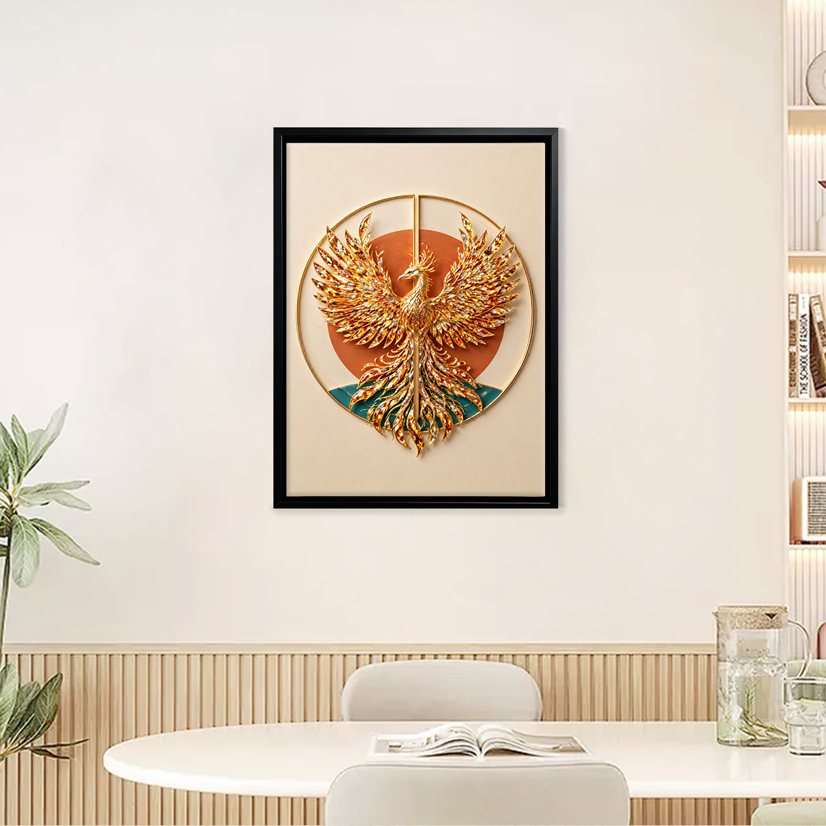 Framed Phoenix Wall Art, Exquisite Gold Design, 3D Crystal Accents, Perfect for Home Decor in California