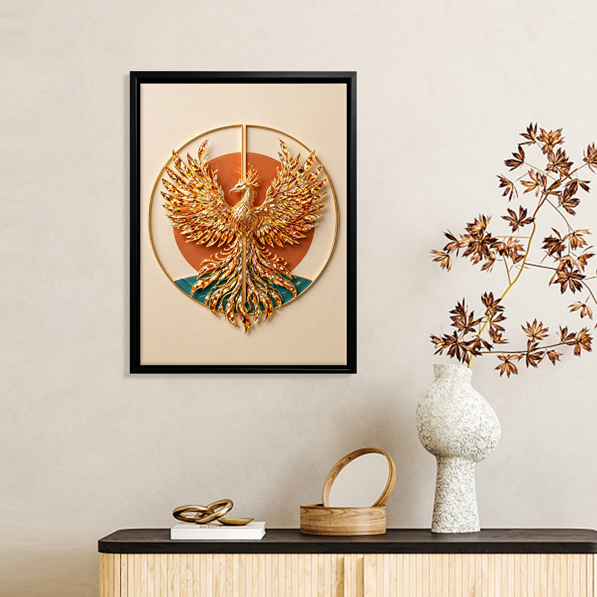 Framed Phoenix Wall Art, Exquisite Gold Design, 3D Crystal Accents, Perfect for Home Decor in California