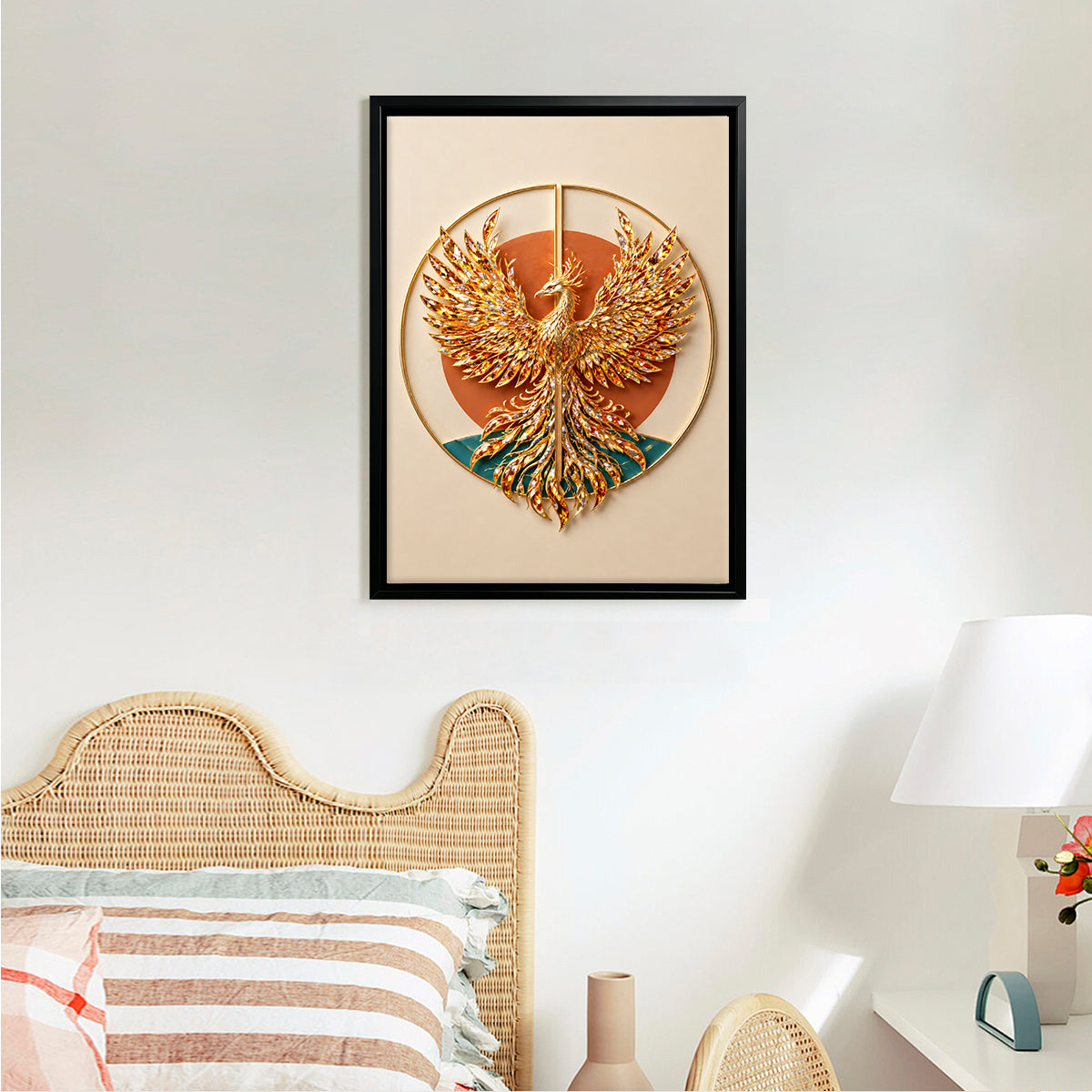 Framed Phoenix Wall Art, Exquisite Gold Design, 3D Crystal Accents, Perfect for Home Decor in California