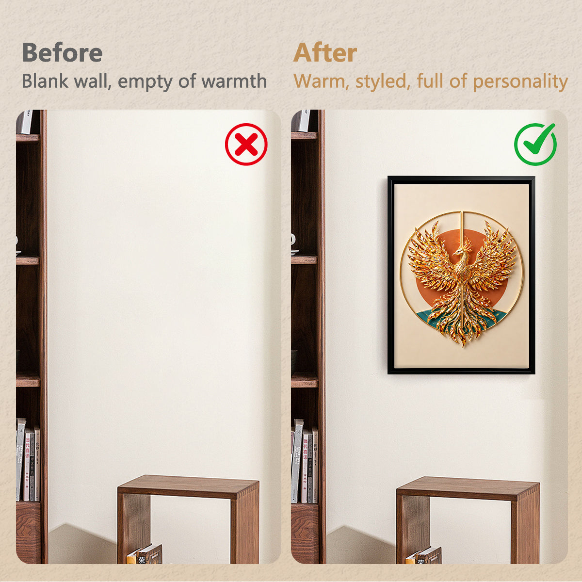 Framed Phoenix Wall Art, Exquisite Gold Design, 3D Crystal Accents, Perfect for Home Decor in California