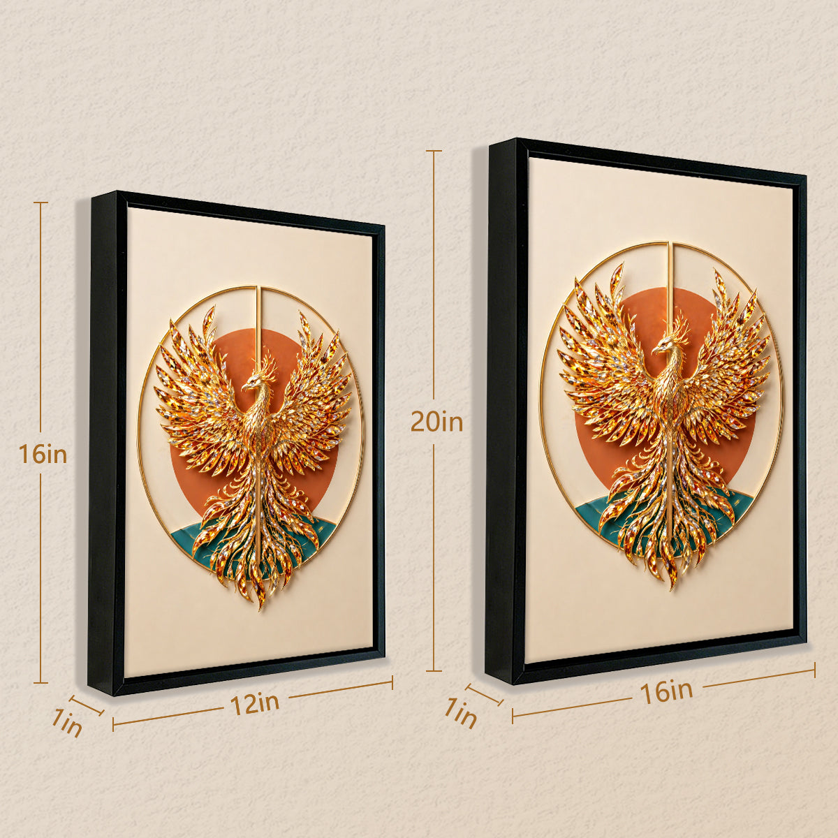 Framed Phoenix Wall Art, Exquisite Gold Design, 3D Crystal Accents, Perfect for Home Decor in California