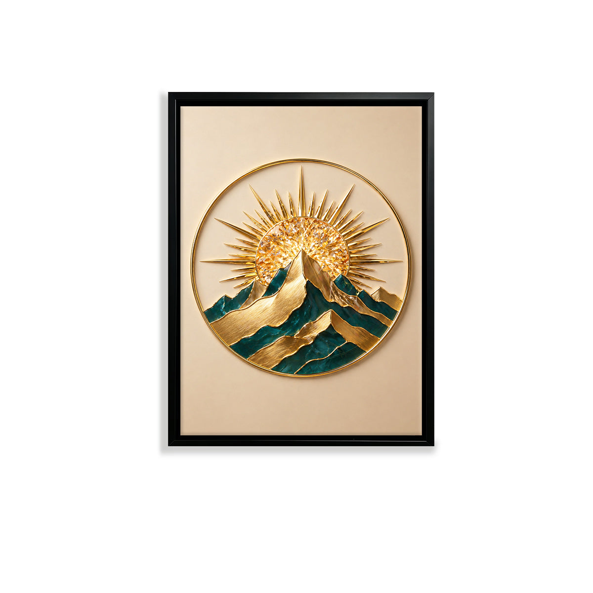 Elegant Sunrise Mountain Wall Art Sculpture, Gold & Green Modern Decor for Living Room or Office