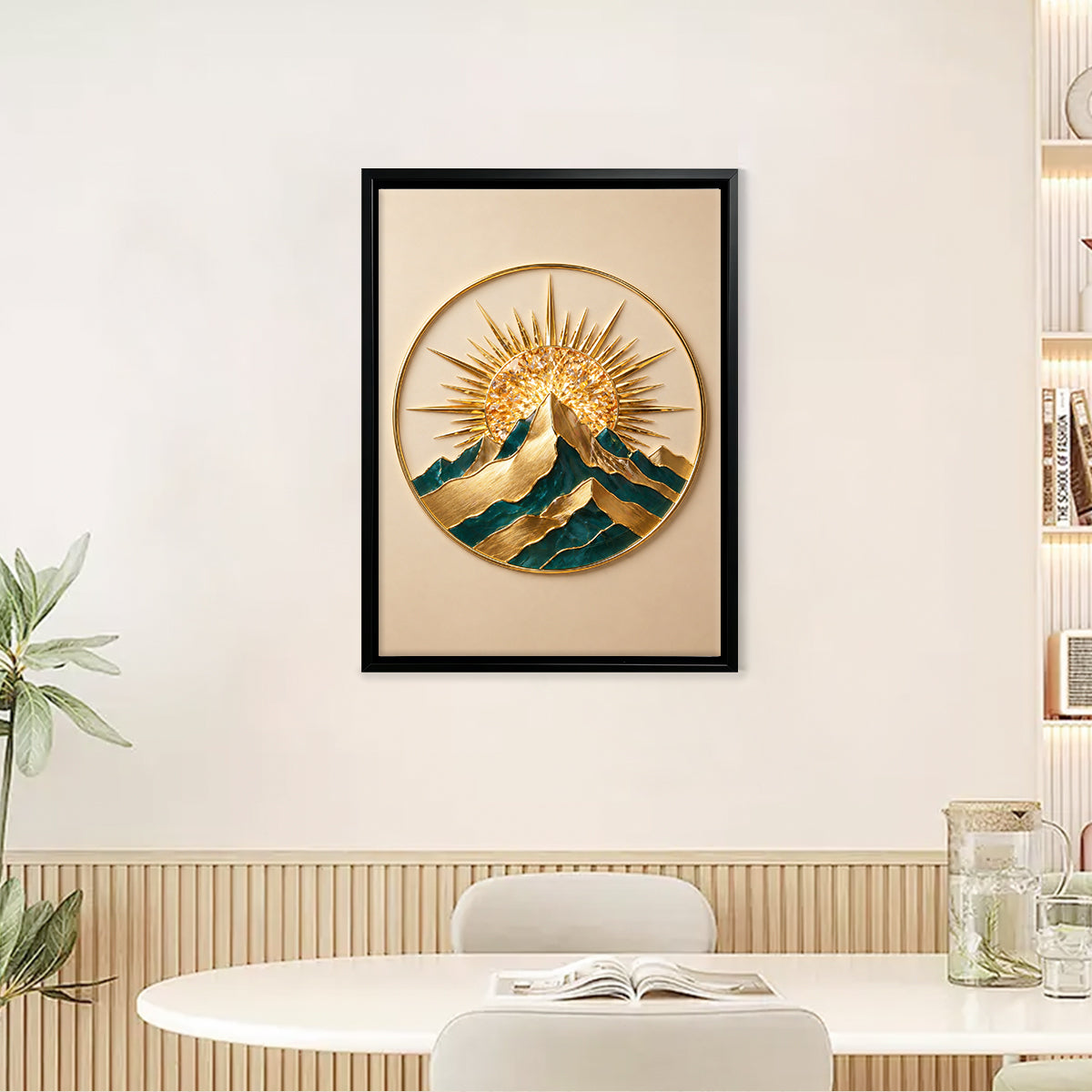 Elegant Sunrise Mountain Wall Art Sculpture, Gold & Green Modern Decor for Living Room or Office