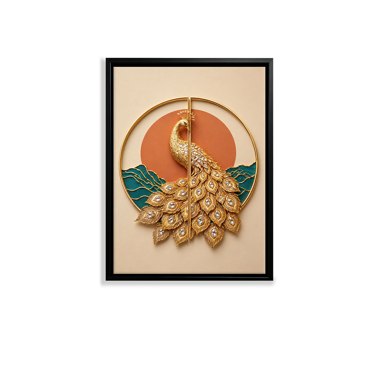 Elegant Golden Peacock Wall Art, Modern Decorative Painting with Crystal Accents, Perfect for Living Room or Office