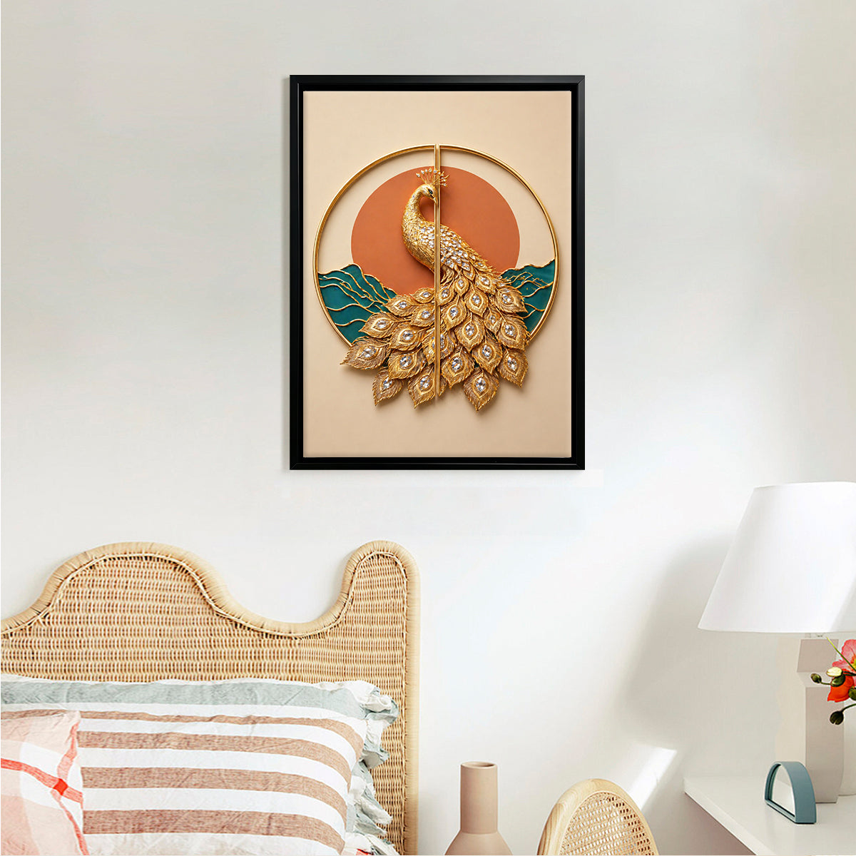 Elegant Golden Peacock Wall Art, Modern Decorative Painting with Crystal Accents, Perfect for Living Room or Office