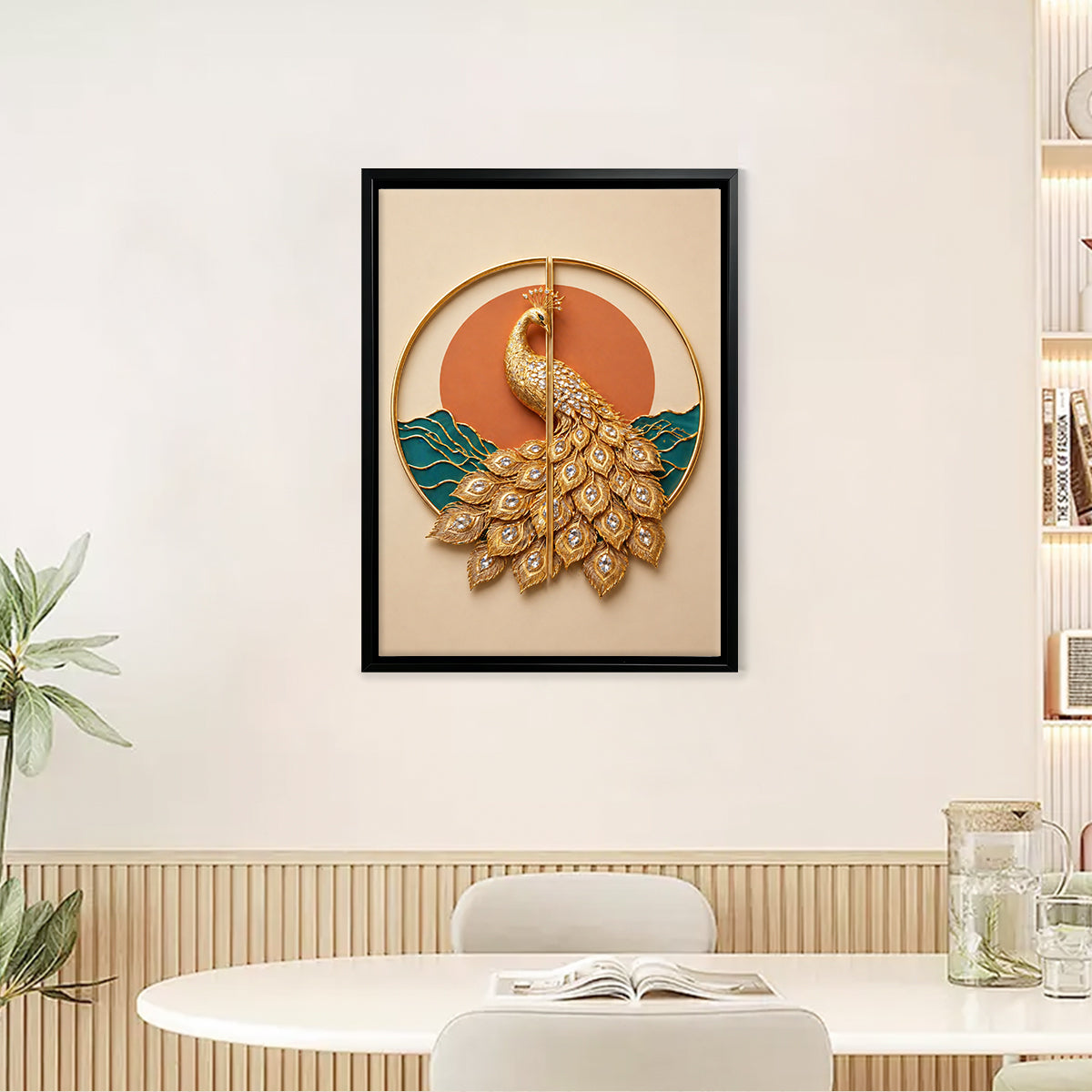 Elegant Golden Peacock Wall Art, Modern Decorative Painting with Crystal Accents, Perfect for Living Room or Office