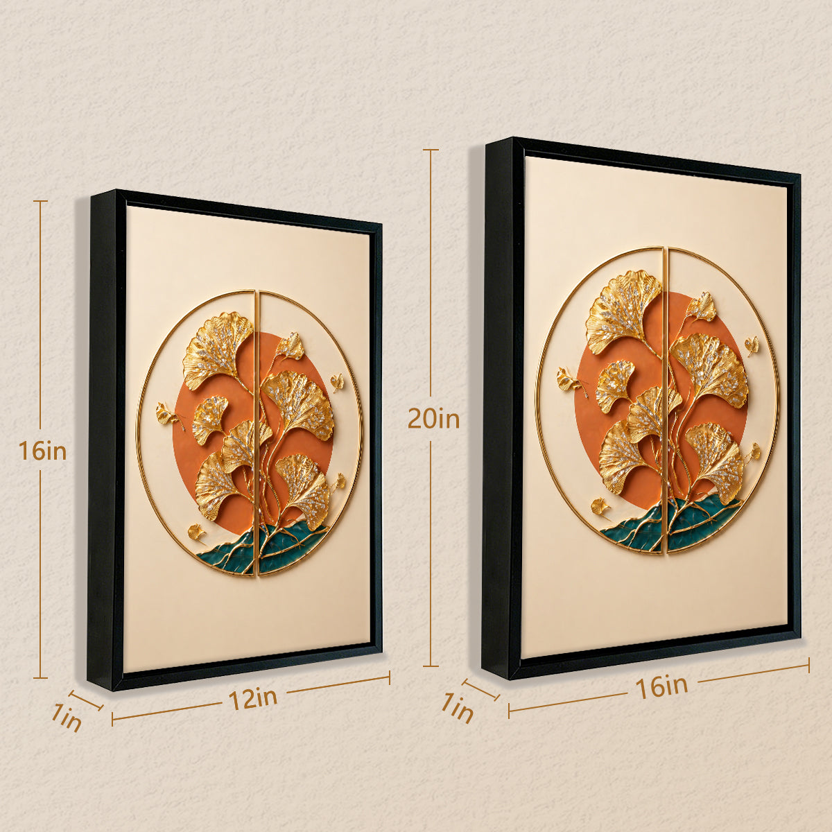 Modern Ginkgo Leaf Wall Art Framed Sculpture for Home Decor, Elegant Gold Accents, Perfect for Living Room or Office