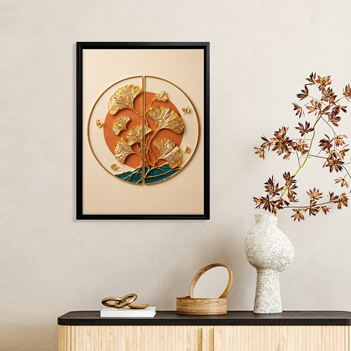Modern Ginkgo Leaf Wall Art Framed Sculpture for Home Decor, Elegant Gold Accents, Perfect for Living Room or Office