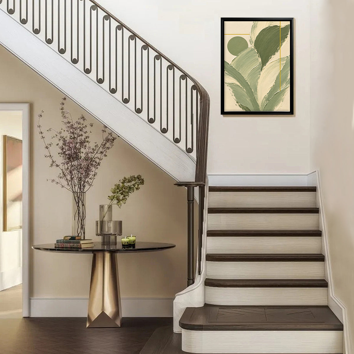 Abstract Green Leaf Framed Art Print, Modern Minimalist Canvas Painting for Home Decor, Elegant Wall Art Gift