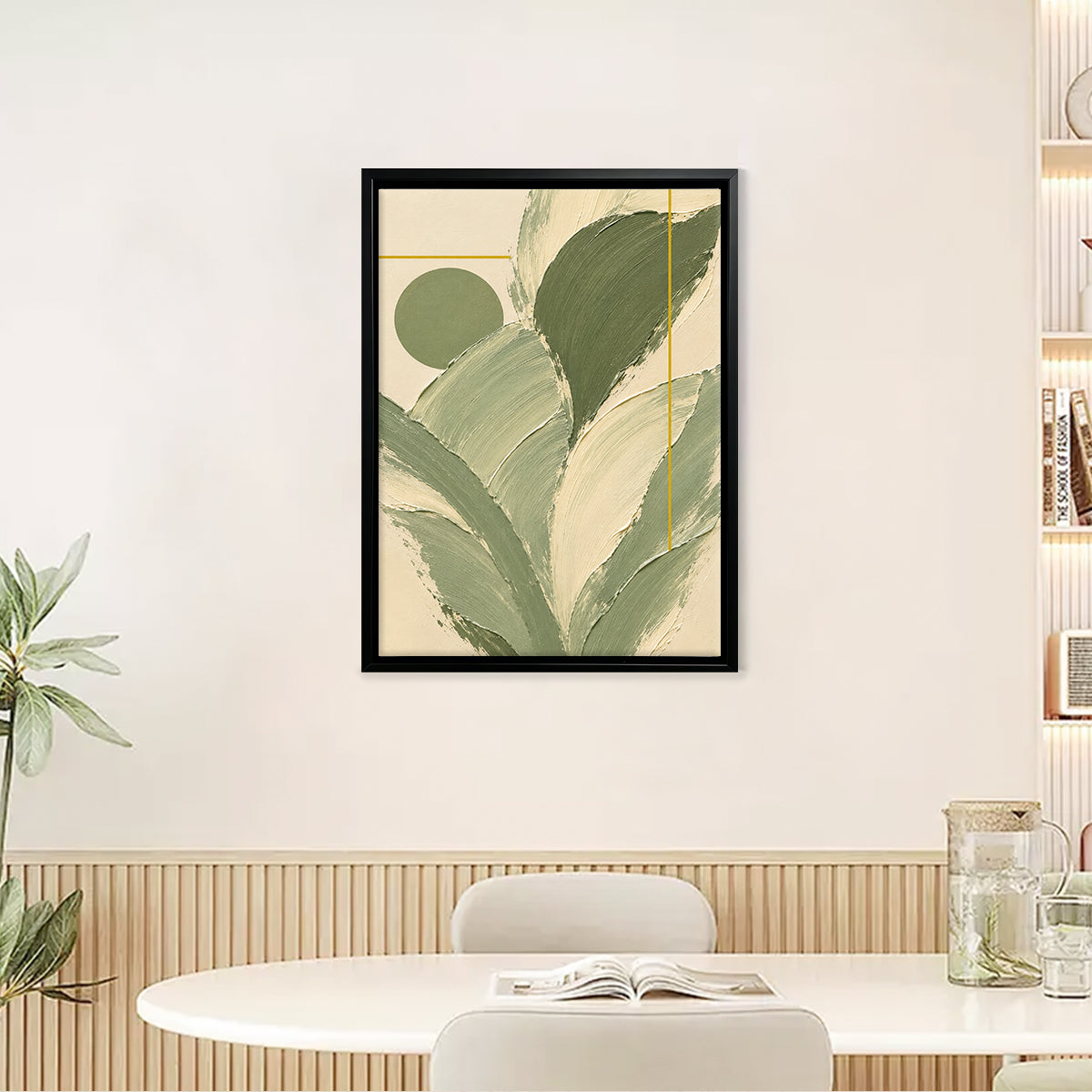 Abstract Green Leaf Framed Art Print, Modern Minimalist Canvas Painting for Home Decor, Elegant Wall Art Gift