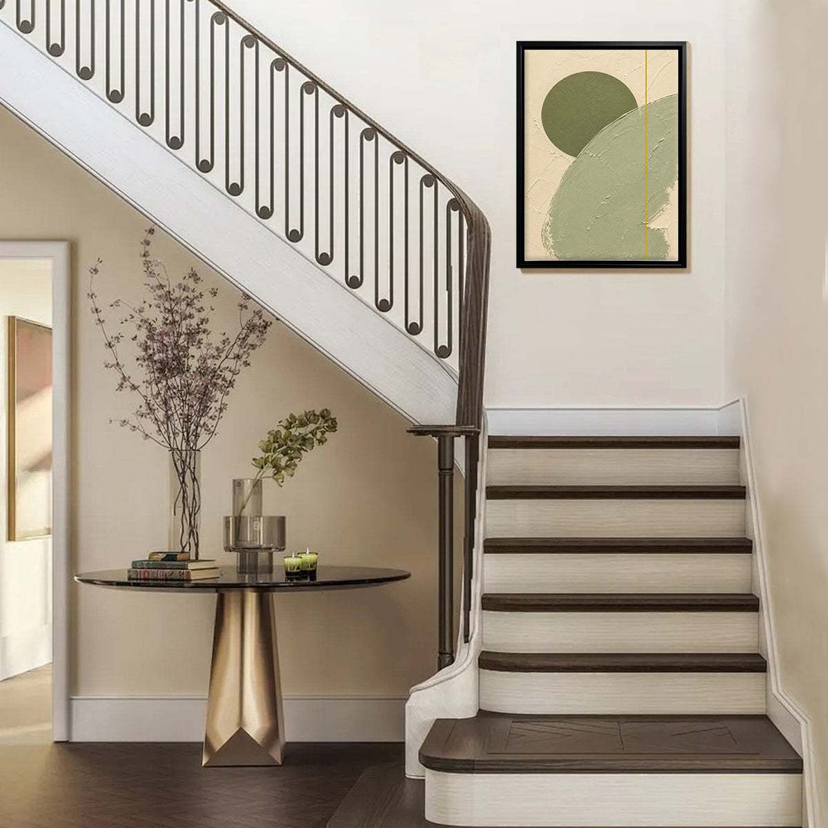 Abstract Green Circle Wall Art Print in Black Frame, Modern Minimalist Design for Home Decor