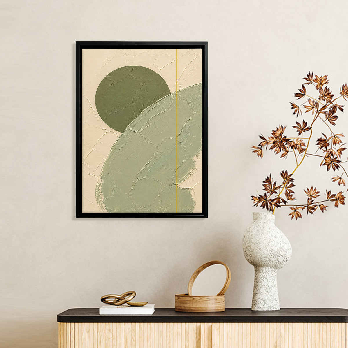Abstract Green Circle Wall Art Print in Black Frame, Modern Minimalist Design for Home Decor