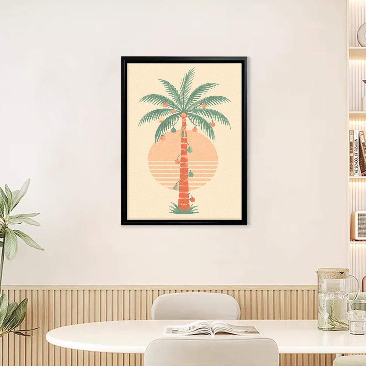 Framed Tropical Palm Tree Art Print with Festive Ornaments, Retro Style, High-Quality Matte Finish, Perfect for Home Decor in California