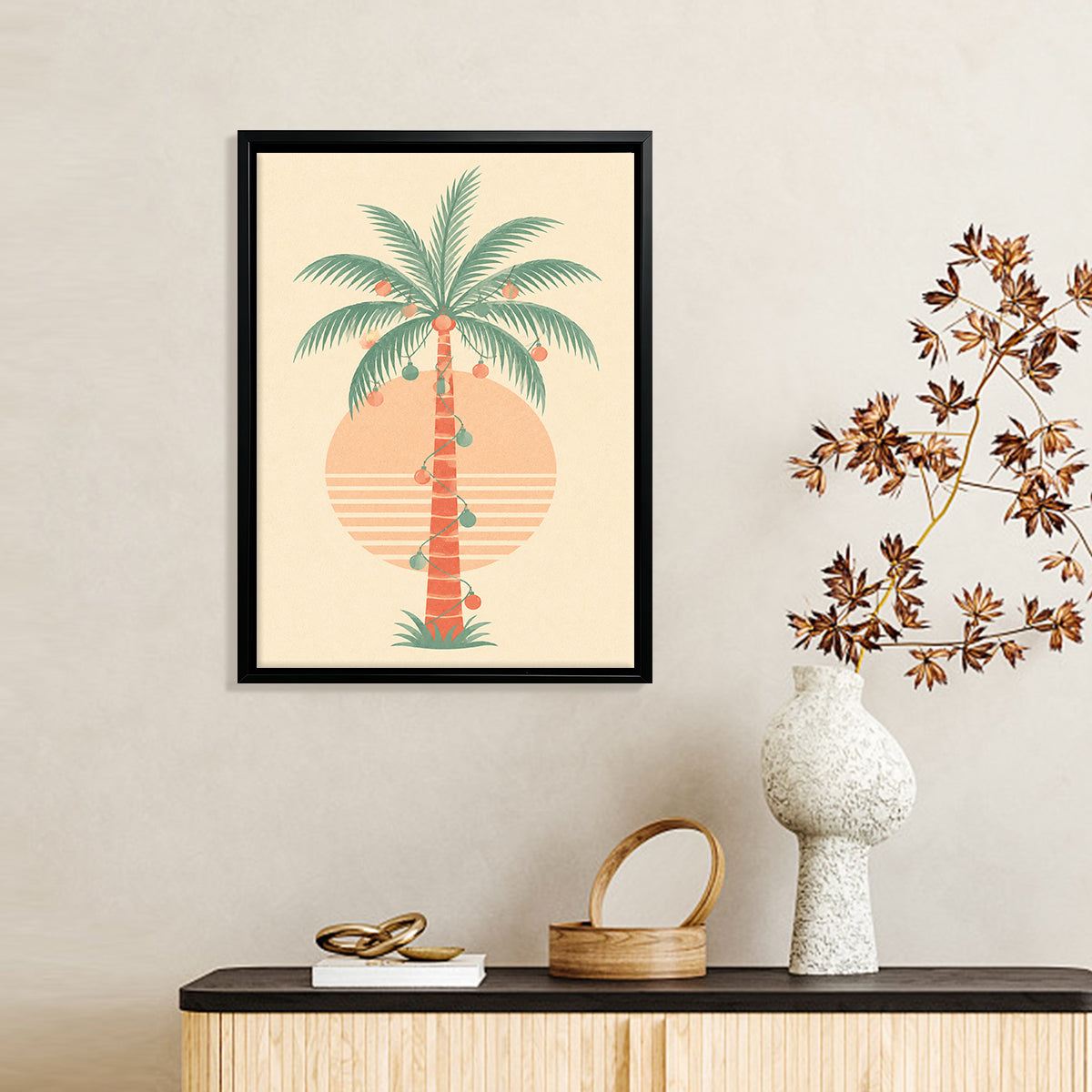 Framed Tropical Palm Tree Art Print with Festive Ornaments, Retro Style, High-Quality Matte Finish, Perfect for Home Decor in California