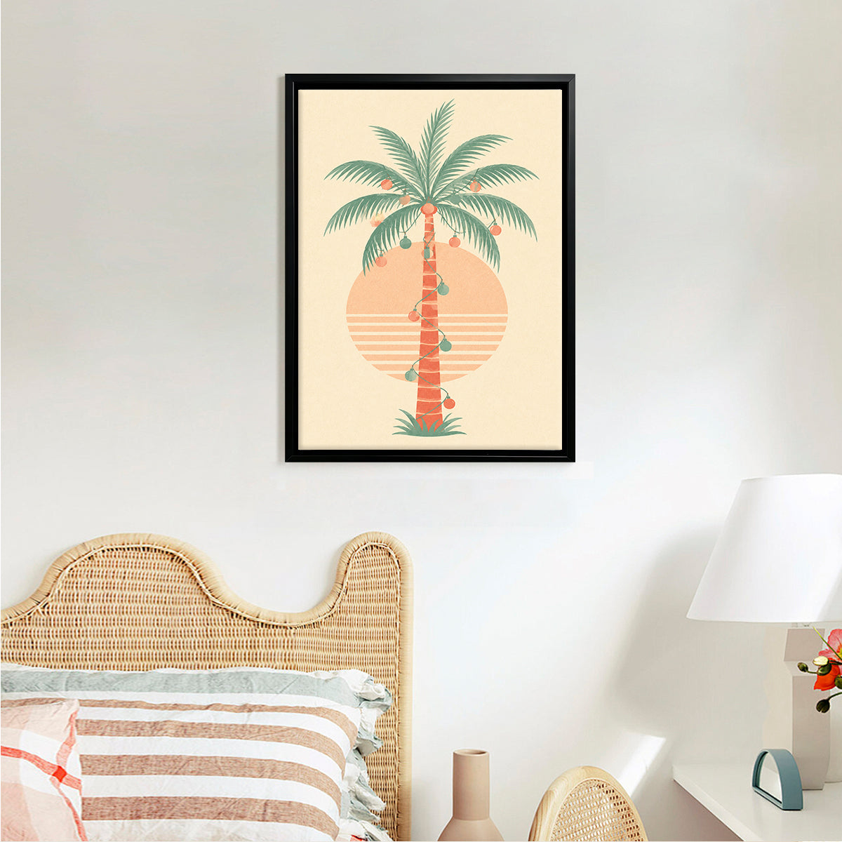 Framed Tropical Palm Tree Art Print with Festive Ornaments, Retro Style, High-Quality Matte Finish, Perfect for Home Decor in California