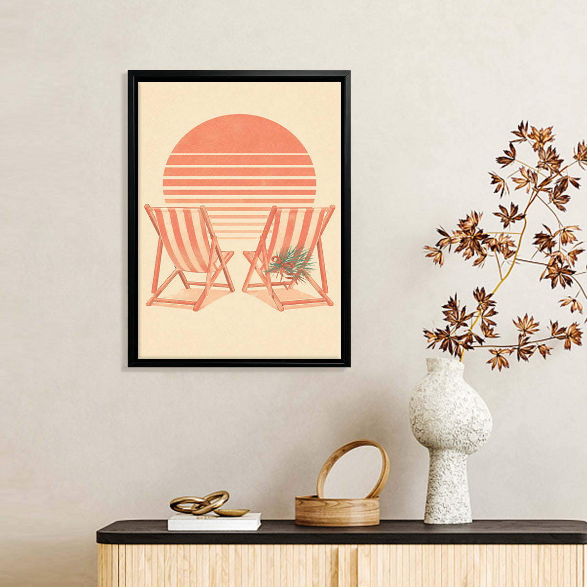 Beach Chair Sunset Art Print Vintage Style Framed Canvas Perfect for Home Decor in California