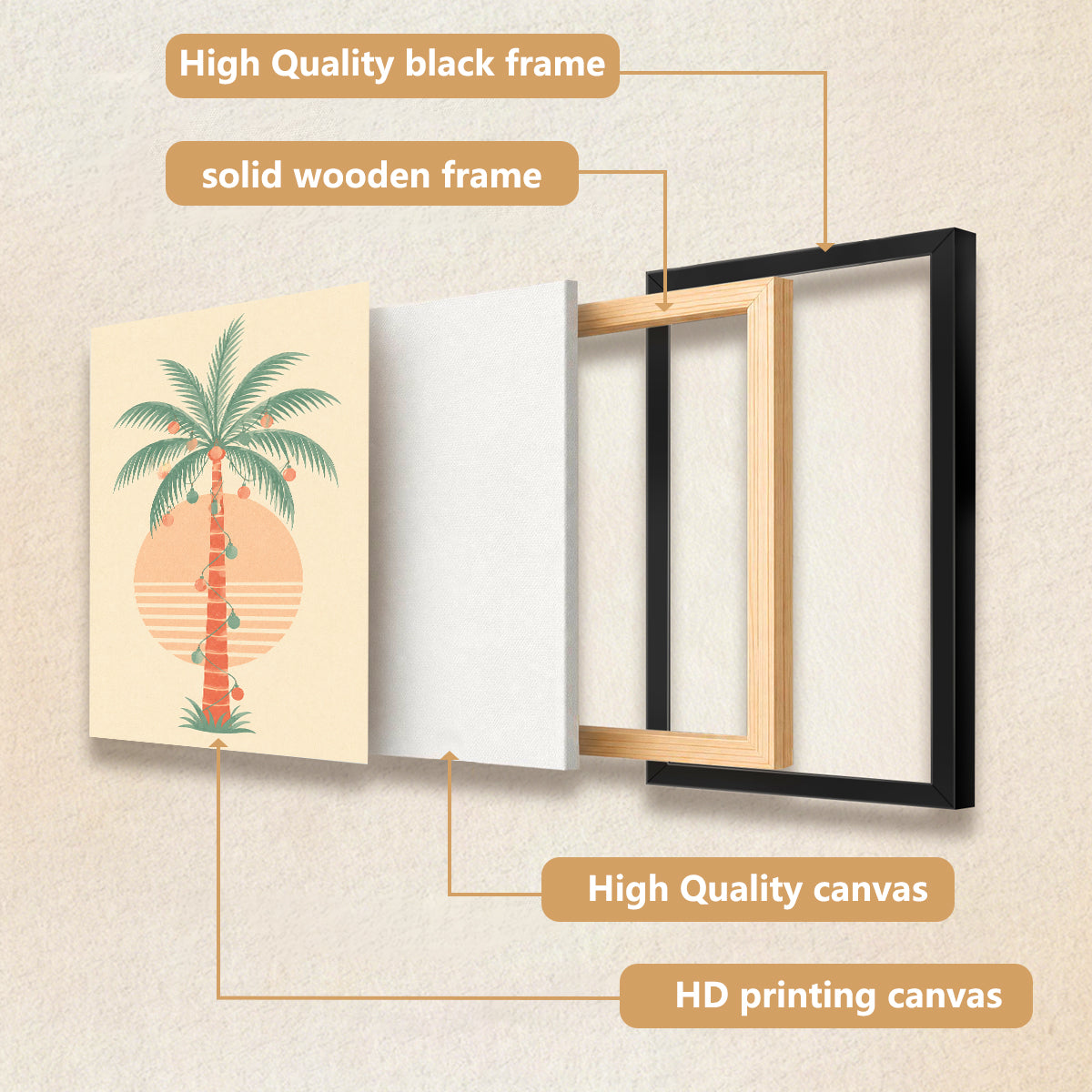 Framed Tropical Palm Tree Art Print with Festive Ornaments, Retro Style, High-Quality Matte Finish, Perfect for Home Decor in California