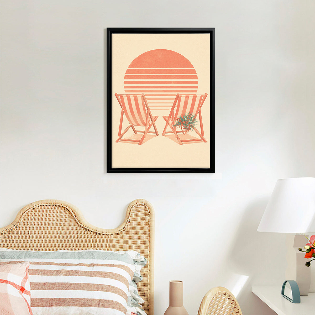 Beach Chair Sunset Art Print Vintage Style Framed Canvas Perfect for Home Decor in California
