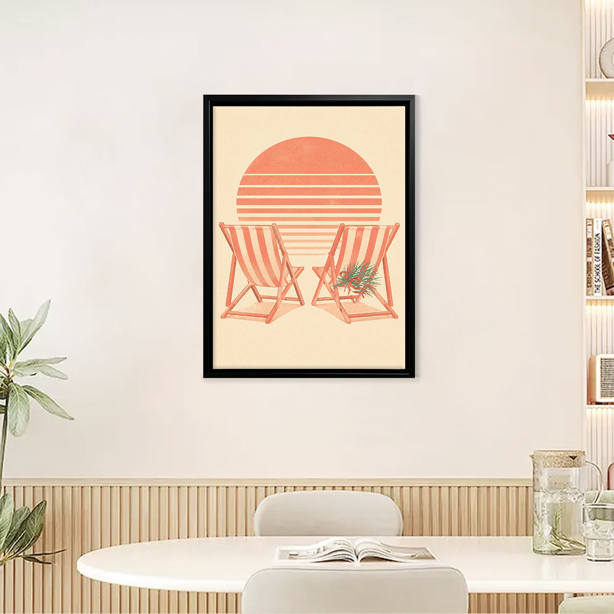 Beach Chair Sunset Art Print Vintage Style Framed Canvas Perfect for Home Decor in California