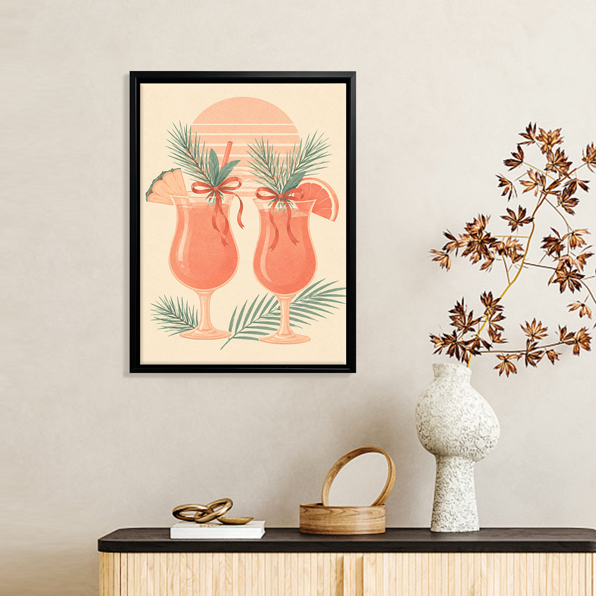 Framed Tropical Sunset Cocktails Art Print, Vintage Style, High-Quality Matte Finish, Perfect for Home Decor in California