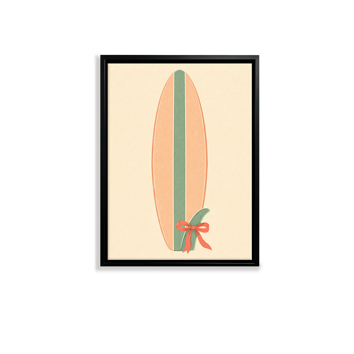 Framed Surfboard Art Print with Green Stripe and Red Bow, Retro Style, Perfect for Beach House Decor in California